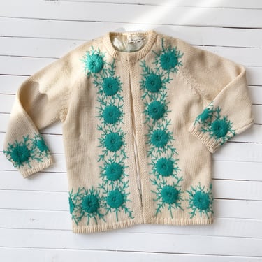 cream wool sweater 60s 70s vintage turquoise floral crewel embroidered cardigan 