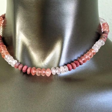 Pink Quartz Beaded Necklace~17" Graduated Color Gemstone Necklace Rose/Cherry Quartz Choker Faceted Rondelles~JewelsandMetals 