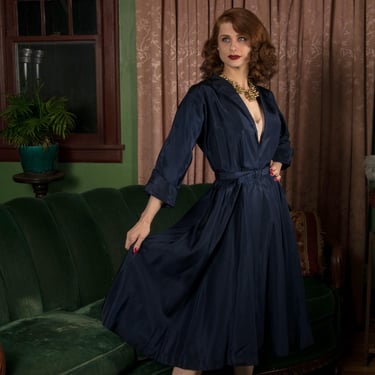 1950s Dress - Sophisticated Vintage 50s Navy Blue Taffeta Partial Wrap Day Dress with Plunging Neckline 