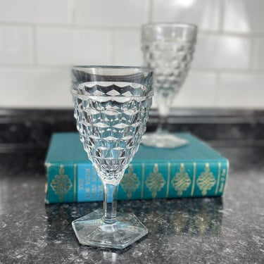 Vintage Fostoria American Clear 6 7/8” Water Goblets Glasses w/Hexagon Foot | Vintage Pressed Glass Cubist Stemware Glasses | Set of 2 