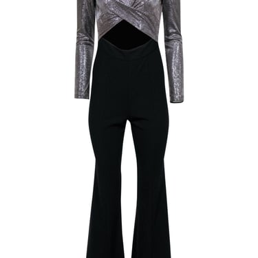 Black Halo - Silver & Black Sparky Knotted Flared Jumpsuit w/ Cutout Sz 2