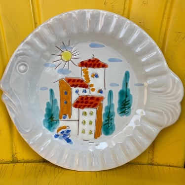 Vintage Hand Painted Ceramic Pottery Made In Italy Cubism Modernismish Plate~ Hand Painted Whimsical Fish Platter~ Italian Kitchen Decor 