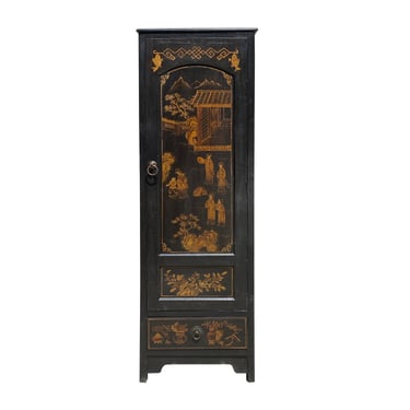Chinese Fujian Distressed Black Golden Graphic Armoire Storage Cabinet cs7311E 