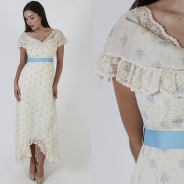 Victorian Style Lace Capelet Wedding Gown, Vintage 70s Mermaid Hem Hi Lo Dress, Belted Antique Bohemian Bridal Maxi 
