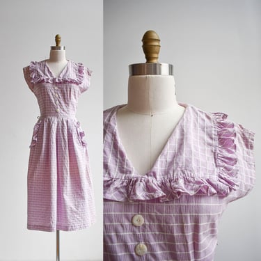 1940s Purple & White Plaid Ruffled Cotton Shirt Dress 