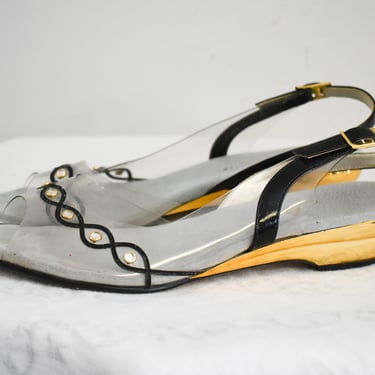 1990s Clear and Gold Vinyl Slingbacks, Size 7 
