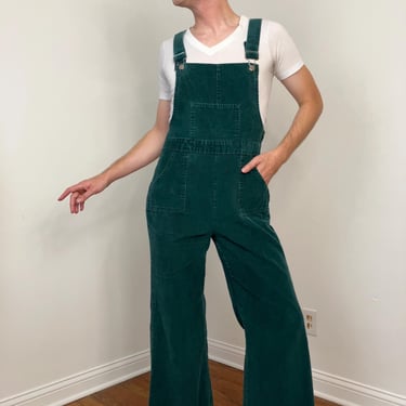 70s Forest green corduroy bell bottom overalls 