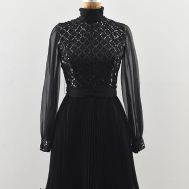 Vintage 1960s Black Pleated Chiffon Dress