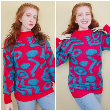 1980s Vintage Ivy Hot Pink and Turquoise Geometric Print Sweater / 80s Funky Acrylic / Wool Knit Jumper / Medium - Large. 