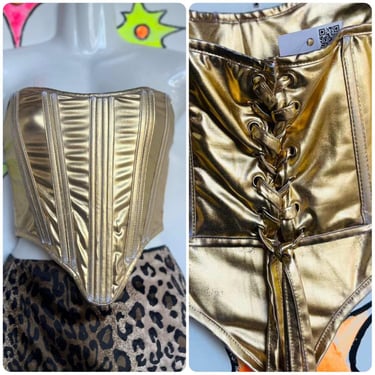 Y2K Distressed Metallic Gold Bustier Corset Regal Grunge Fairy Goddess Top - M 