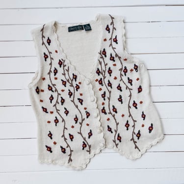 embroidered sweater vest | 80s 90s vintage white cream cottagecore floral crewel embroidery cotton sleeveless sweater 