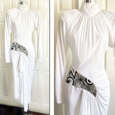 1980's New Wave White BEADED Vintage Evening Dress Gown, 80's Party Prom Dress, Vintage Wedding Bridal 
