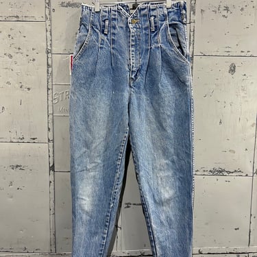 80s, 31x26 high waisted tapered guess blue jeans interesting waist style funky 