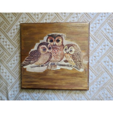 Vintage Owl Wall Hanging Painting - Wood Plaque Art Home Nursery Room Decor Wood Picture Family Baby Owlet - 1970s 70s Bohemian Hippie 