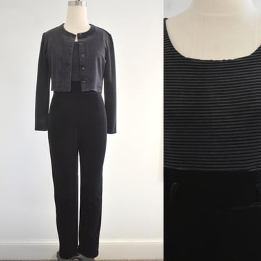 1990s Black and Charcoal Stretch Velour Jumpsuit and Matching Cropped Jacket 