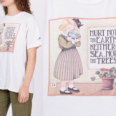 Vintage "Hurt Not The Earth" Art Print T Shirt - Men's Large, Women's XL | 90s Mary Engelbreit Environmental Graphic Tee 