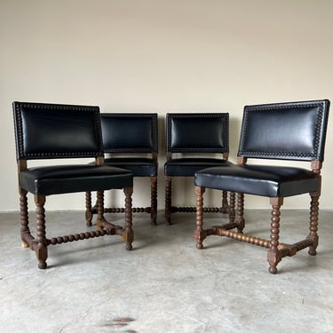 Antique French Bobbin Carved Oak and Leather Dining Chairs - Set of 4 