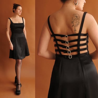 Vintage 90s Backless Buckle Cage Dress/1990s Square Neck Mini Dress/ Size Small 