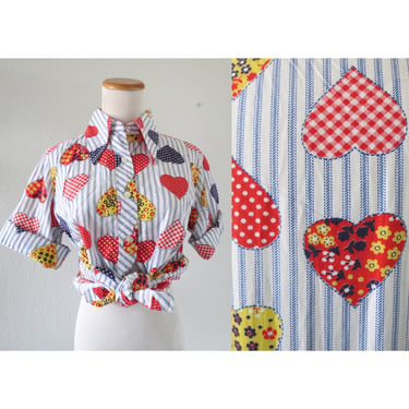 Vintage Heart Print Button Up Blouse - Mod 60s 70s Valentine's Day Top - Hippie Patchwork Print Shirt - Size Large 