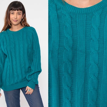 Teal Sweater 80s Wrangler Cable Knit Ribbed Pullover Sweater Blue Raglan Sleeve Simple Crewneck Jumper Fall Acrylic Vintage 1980s Medium 