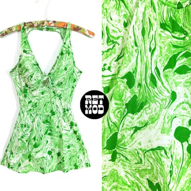 Psychedelic Vintage 60s 70s Green Swirls One-Piece Swimsuit with Skirt by Catalina 
