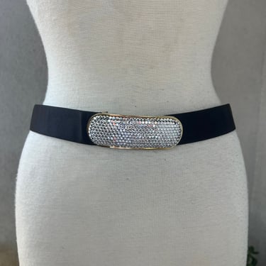 Vintage glam Judith Leiber black satin leather belt with gold silver rhinestones buckle fits 35-25” waist 