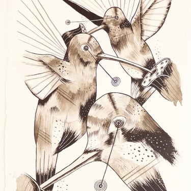 Ken Garduno Hummingbirds in Flight Ink & Watercolor Drawings 
