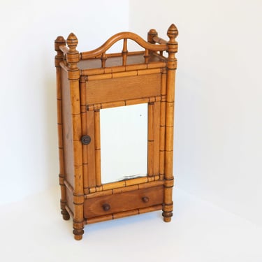 Small Antique Faux Bamboo Miniature Cabinet With Distressed Mirror French Miniature Armoire 1920s Doll's Armoir 