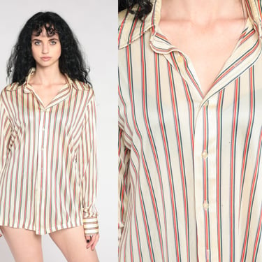 Striped Shirt 70s Shirt Cream Rainbow Shirt Long Sleeve Disco Boho Top Geek Nerd Button Up 1970s Dagger Collared Vertical Stripe Large 