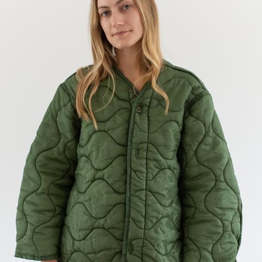 Vintage Green Liner Jacket | Unisex Wavy Quilted Nylon Coat | XL | LI296 