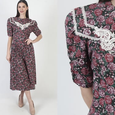 Jessica McClintock Rose Garden Dress, 80s Gunne Sax Tea Gown, Cottage Lace Romantic Midi 