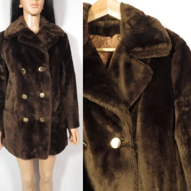 Vintage 60s/70s Mod Sears Brown Faux Fur Double Breasted Gold Button Jacket Size M 
