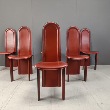 Vintage leather high back dining chairs, set of 6, 1980s - vintage italian dining chairs - high back dining chairs 