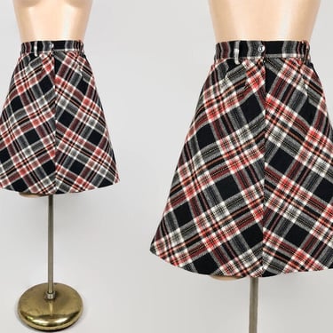 VINTAGE 60s Tartan Plaid Mini Skirt | 1960s School Girl A-line Cut Short Skirt | vfg 