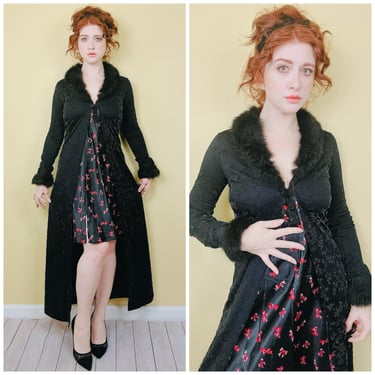 Y2K Vintage Black Floral Button Duster Jacket / Faux Fur Clueless Maxi Cardigan / Medium 