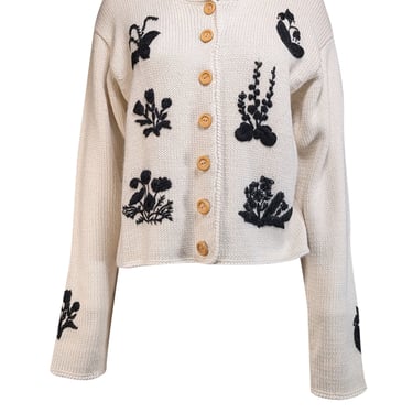 Batsheva - Cream Alpaca Wool Cardigan w/ Navy Floral Embroidery Sz L