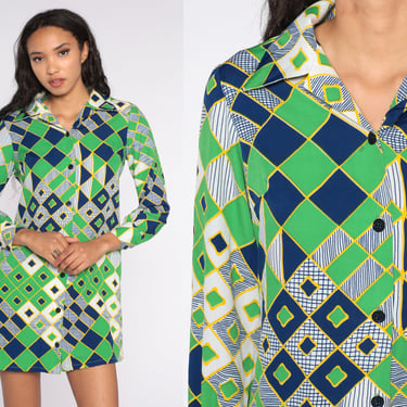 60s Mod Dress 70s Mini Green Geometric Print Dress Shift Blue Shirtdress Button Up Hippie 1970s Long Sleeve Small 