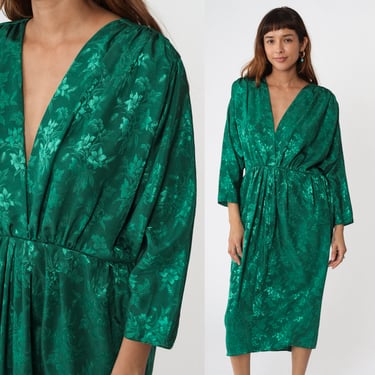 80s Floral Dress Emerald Green Embossed Dress Deep V Neck Party Midi Dress Wrap Dress Shift 1980s Dolman Sleeve Vintage Extra Large xl 