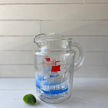 Vintage Boat, 4th Of July Glass Pitcher // Rustic, Farmhouse, Cottage Core, Pink Lemonade Pitcher, Housewareming // Perfect Gift 