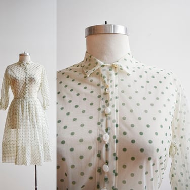 1950s Sheer Green Polka Dot Shirt Dress 