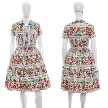 1950's Miss Serbin White and Multicolor Floral Print Sun Dress Duo Size S