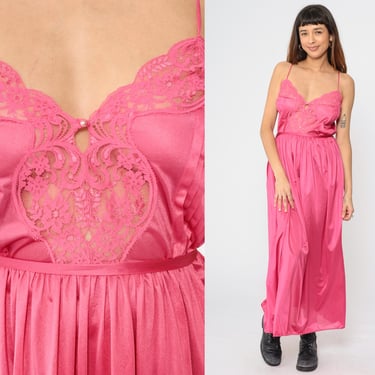 Vintage Lace Nightgown Deep Pink Slip 70s 80s Maxi Lingerie Dress Retro High Waist Spaghetti Strap Romantic 1970s Lily of France Small S 