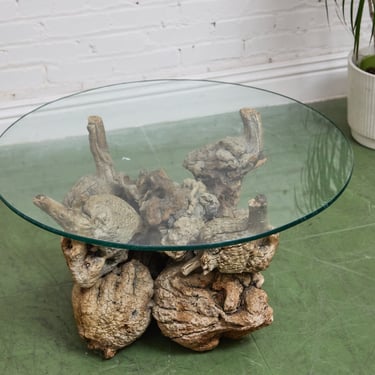 Petrified 1960s Brown Wood Coffee Table Glass Top
