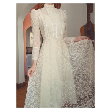 Vintage Lace Prairie Dress - 1970s - Gunne Sax Style Vintage Wedding Dress - Victorian, Boho, Western - 