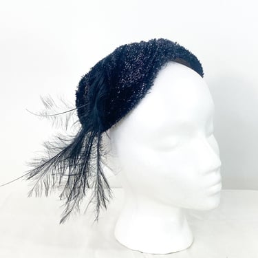 1950s Black Feather Fascinator | 50s Black Feather Hat | Replica de Parisienne 