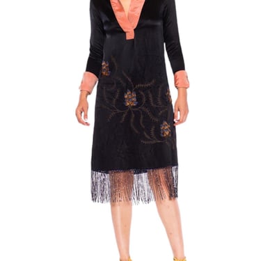 1920S Morphew Collection Black  Pink Silk Faille Embroidered Dress With Beaded Fringe 