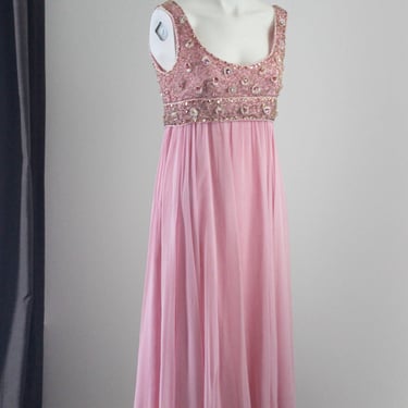 1960s, Pink , Beaded Sequined Evening Gown - Beaded Black Tie - Wedding Dress, Formal, Small-Medium - Size 6 - Size 8 - Size 10 