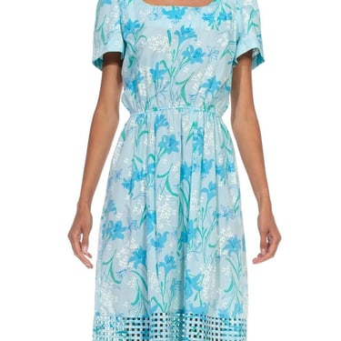 1980S Lilly Pulitzer Light Blue Floral Print Cotton Basket Weave Hem Dress With Elastic Waist 