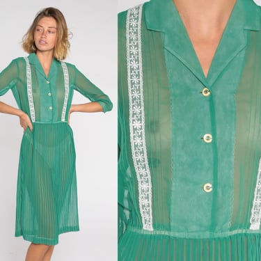 70s SHEER Shirtdress Green Dress Mod Button Up Dress Chiffon Lace Trim Pleated Notched Collar Boho Vintage 50s Style Hippie Small Medium 