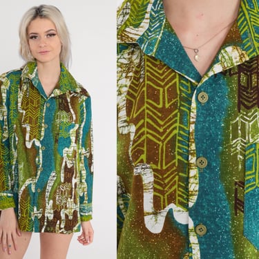 Psychedelic Shirt 70s Hawaiian Barkcloth Button Up Wing Collar Disco Top Groovy Print Long sleeve Green Blue Brown Vintage 1970s Mens Large 